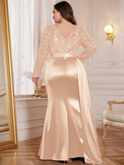 P54412A Elegant Plus Size Sequin Lace Bridesmaid Gown, V-Neck Long Sleeves, Side Slit Ruched Satin Mermaid Hem, Perfect For Formal Events, Weddings, Parties
