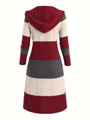 Women's Casual Hooded Long Sleeve Cardigan - Maroon & Color-Block Design, Machine Washable Fall Winter Warm Coat with Front Pockets, Seasonal Fashion, Relaxed Fit, Quality Stitching, Autumn Wardrobe