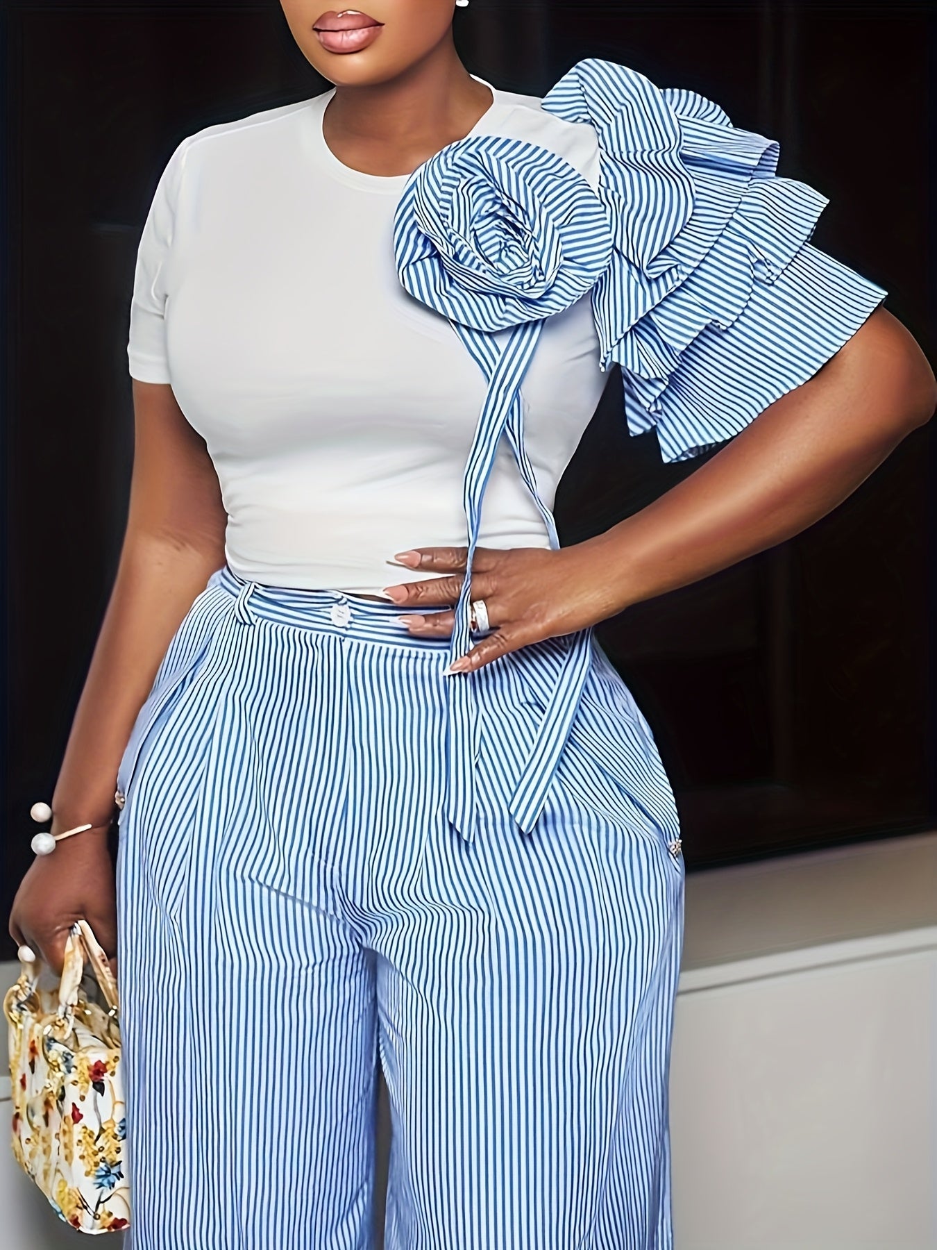 SHOWLU Women's striped two-piece suit with short sleeve top and wide-leg pants, stylish and comfortable for casual wear.