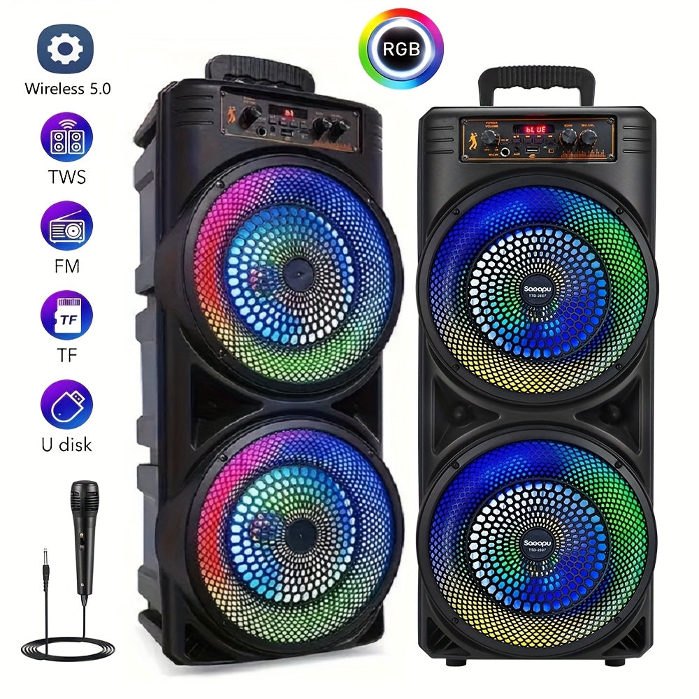SHOWLU 6000W dual wireless speaker with 8.5-inch speakers, heavy bass, TWS party system, black design, and control panel.
