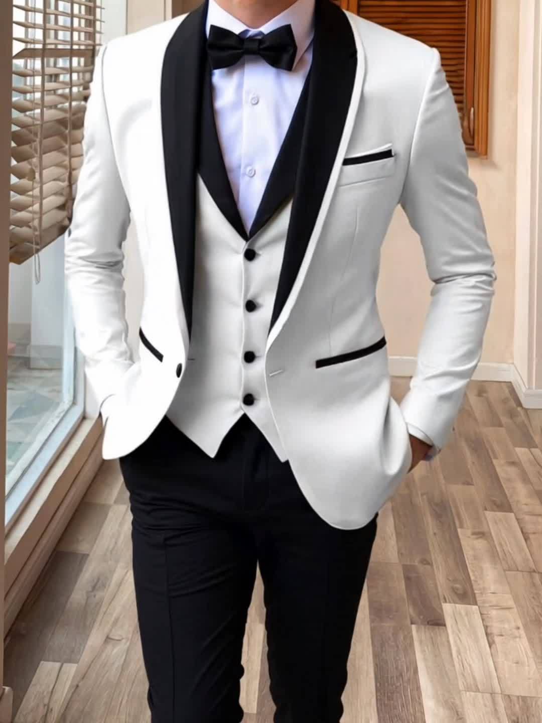 Men's slim fit 3-piece suit with shawl lapel, formal wedding set by SHOWLU FASHION, includes jacket, vest, and trousers.