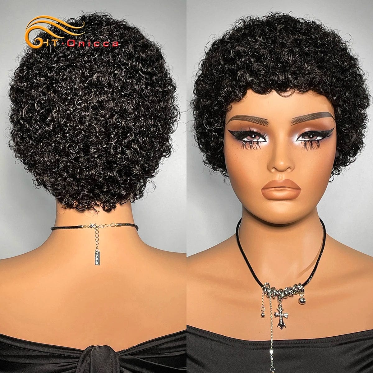 Htonicca 99J short kinky curly Brazilian Remy human hair wig for women, full machine-made wig with natural curly texture.