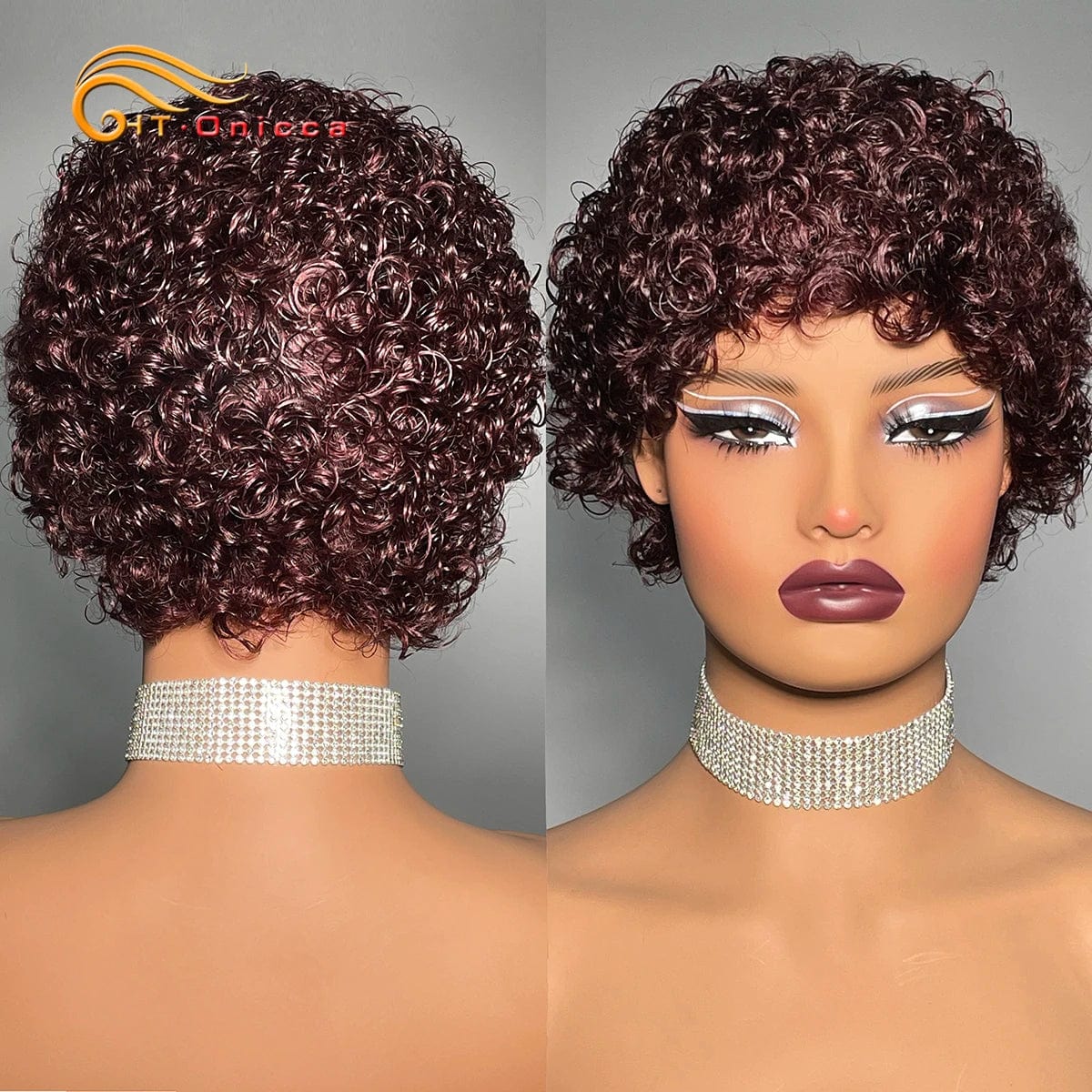 Htonicca 99J short kinky curly Brazilian Remy human hair wig for women, full machine-made, natural texture, shows curly hair style