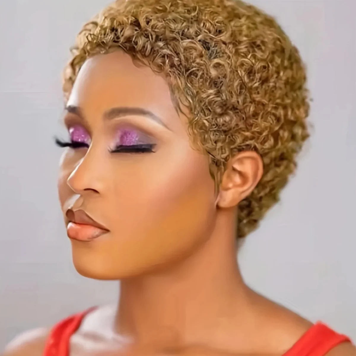 Htonicca 99J Short Kinky Curly Brazilian Remy Human Hair Wig by SHOWLU FASHION STORE, full machine-made kinky curly style.