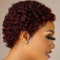 Htonicca 99J Short Kinky Curly Brazilian Remy Human Hair Wig for women, full machine-made kinky curly style, natural look