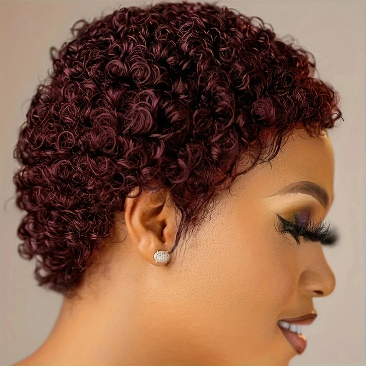Htonicca 99J Short Kinky Curly Brazilian Remy Human Hair Wig for women, full machine-made kinky curly style, natural look