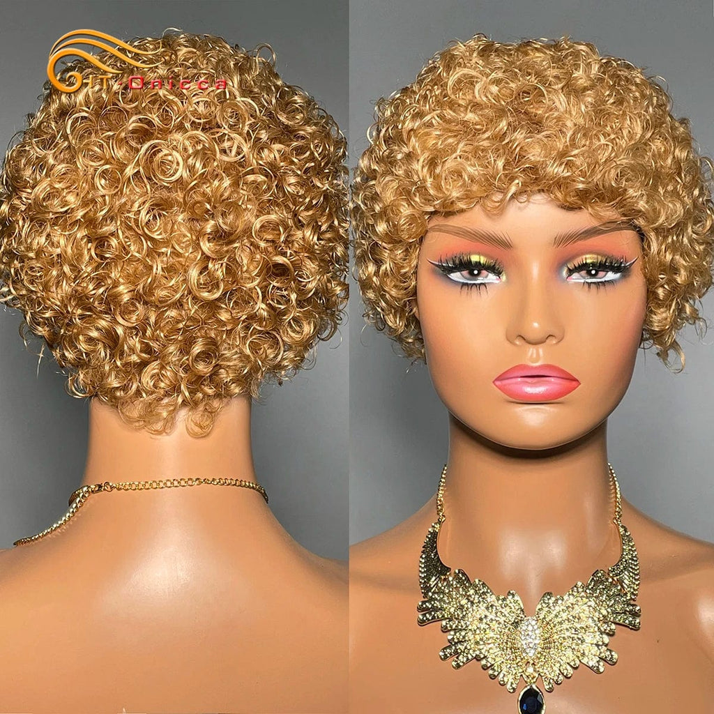 Htonicca 99J short kinky curly Brazilian Remy human hair wig by SHOWLU FASHION STORE, full machine-made curly wig for women.