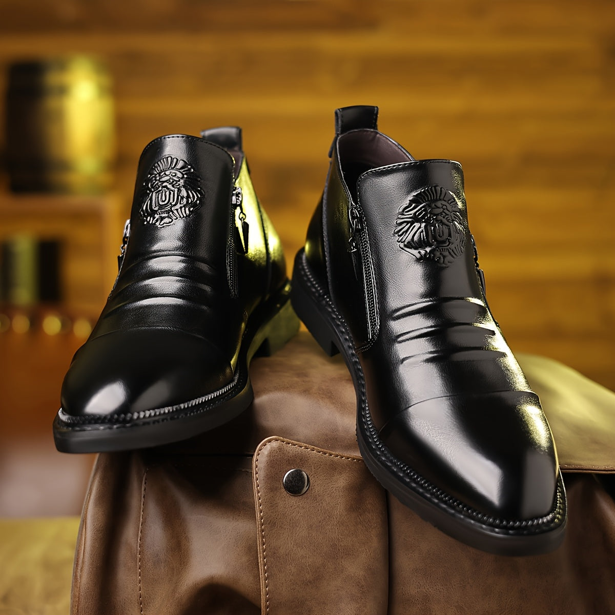 Men's black embossed lion ankle boots in glossy PU leather with detailed lion design, stylish footwear by SHOWLU FASHION STORE