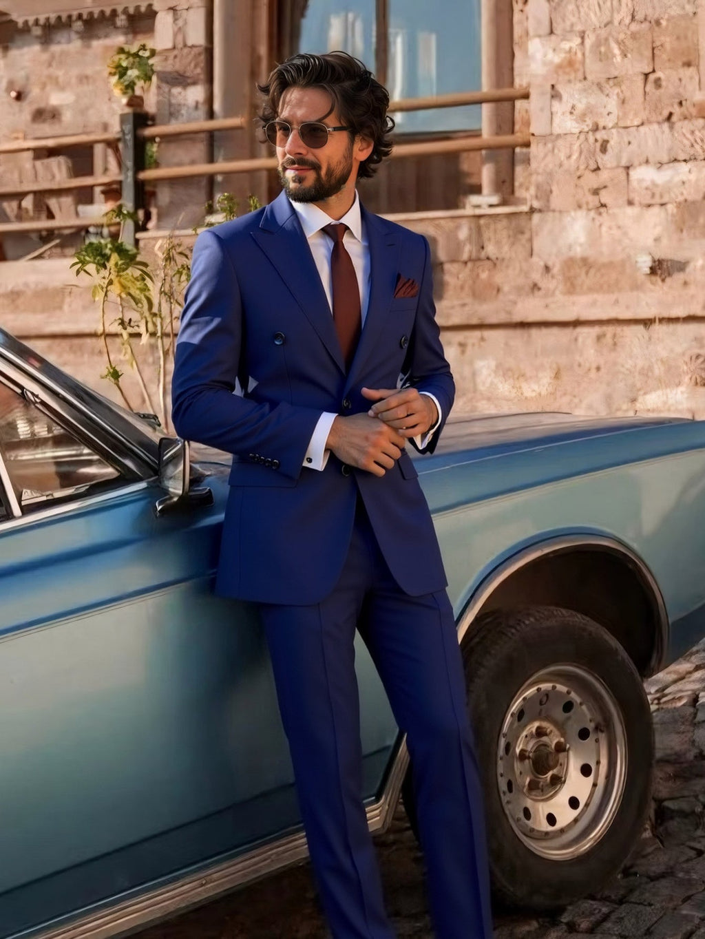 SHOWLU Men's double-breasted slim fit tuxedo suit with peak lapel, formal 2-piece outfit for special occasions.