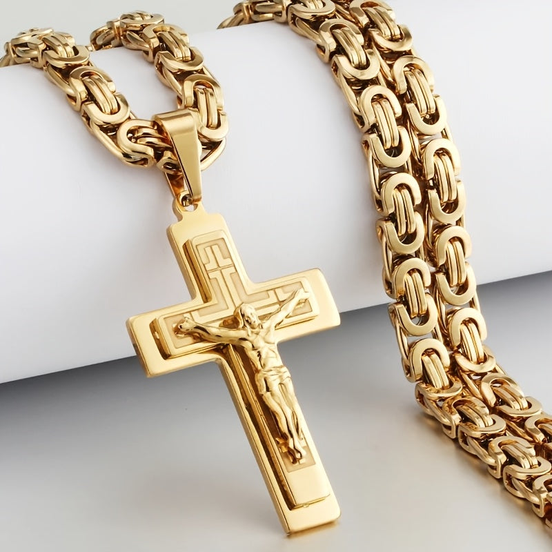 Showlu men's stainless steel trident cross pendant necklace with detailed design and chain, showcasing a bold jewelry accessory.