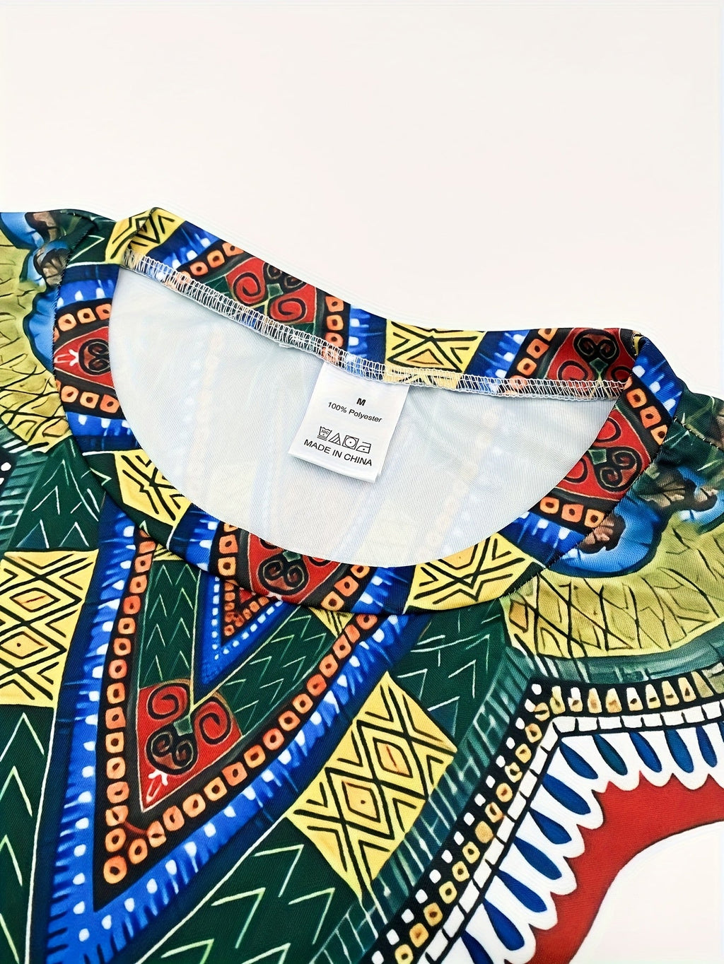 SHOWLU Men's ethnic print 2-piece set featuring a white T-shirt and long pants, casual traditional style for men.
