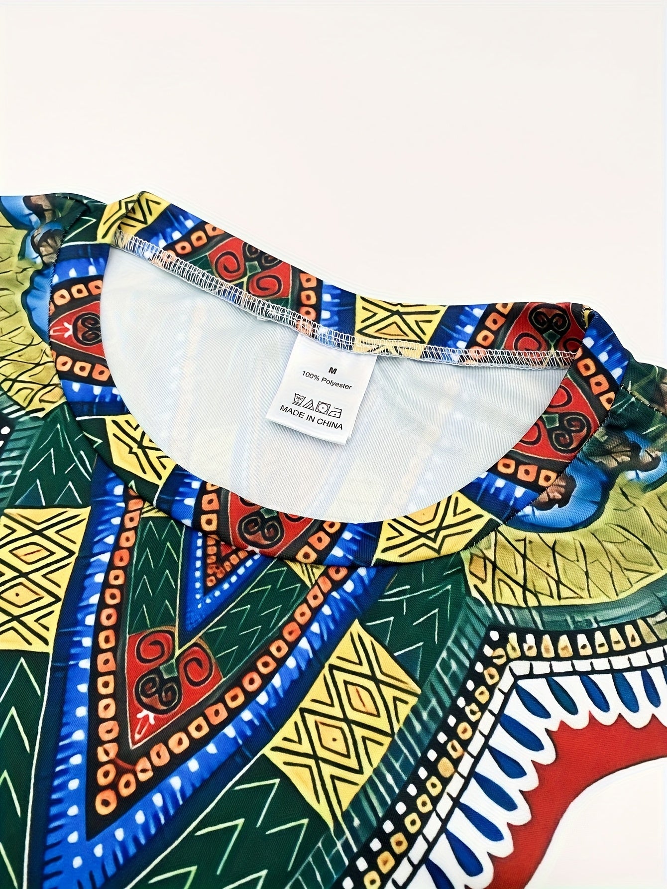 SHOWLU Men's ethnic print 2-piece set featuring a white T-shirt and long pants, casual traditional style for men.