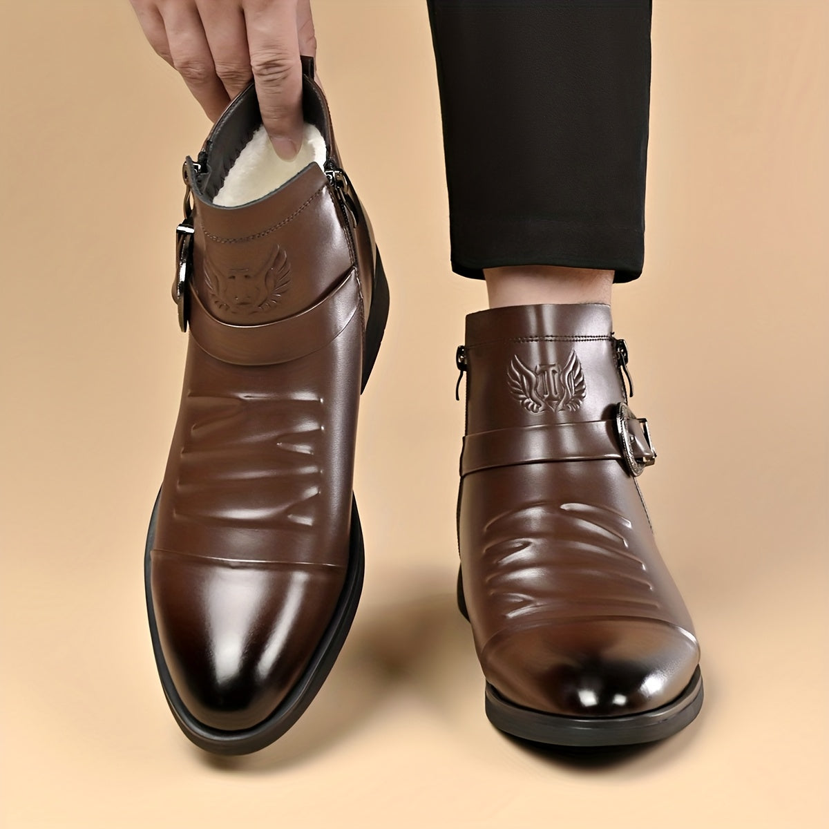 Men's vintage Western biker boots with pointed toe, side zip, ankle height, from Showlu Fashion Store featuring classic style and leather material.