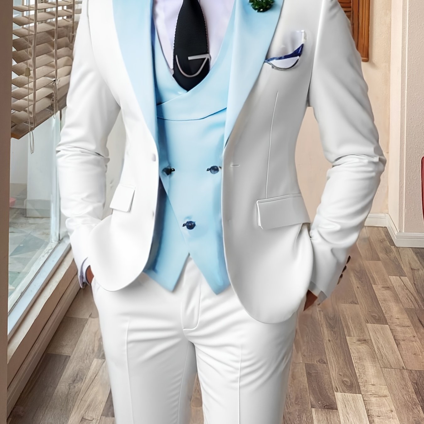 Men's slim fit color block wedding suit with notch lapel, three-piece design, by SHOWLU FASHION STORE.