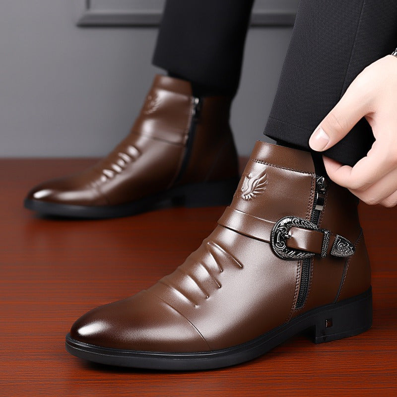 DAOD men's vintage western biker boots with pointed toes and side zippers, ankle-length leather footwear by Showlu Fashion Store