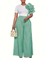 Women's Casual Wear Round Neck Short Sleeve Striped Contrast Top Wide Leg Pants Two Piece Suit Women's Suit