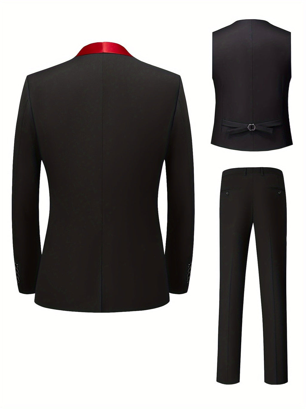 LIVEZOU Men's 3-Piece Slim Fit Wedding Suit with shawl collar tuxedo set, including jacket, vest, and pants, in classic black fabric.