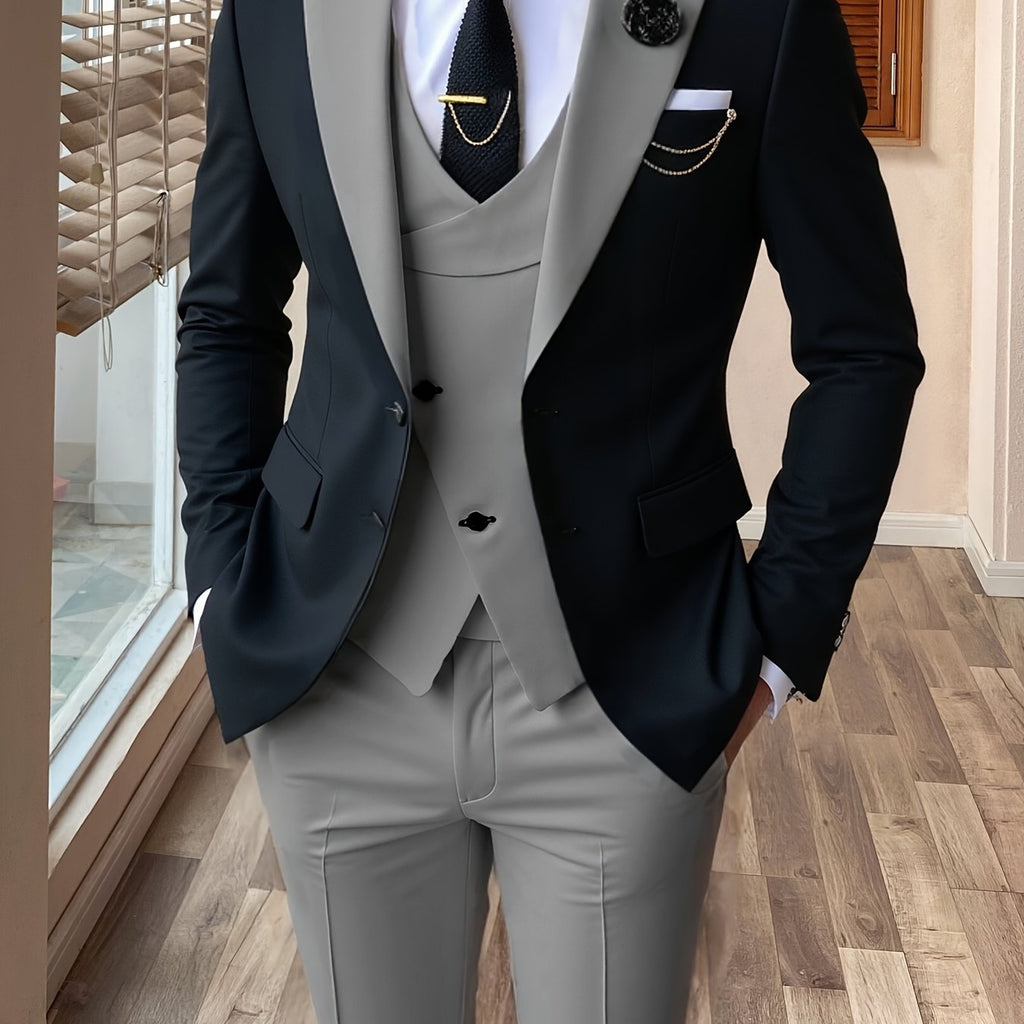 Showlu Fashion men's 3-piece color block slim fit tuxedo suit set, featuring jacket, vest, and trousers in bold color blocks.