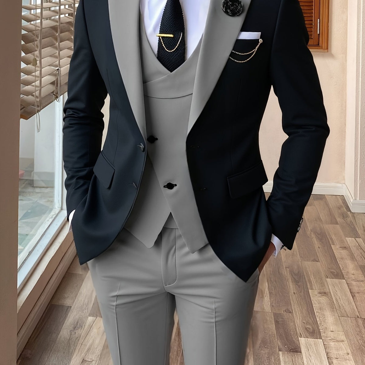 Showlu Fashion men's 3-piece color block slim fit tuxedo suit set, featuring jacket, vest, and trousers in bold color blocks.