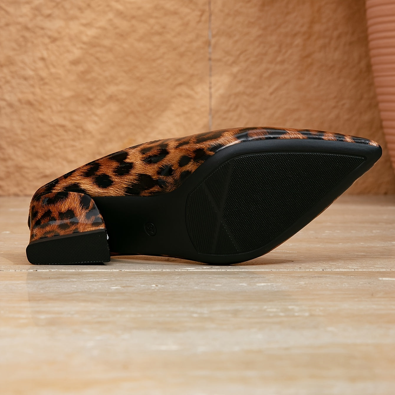 Leopard print SHOWLU FASHION STORE chunky heel mules with pointed toe and slip-on design, stylish and comfortable women's footwear