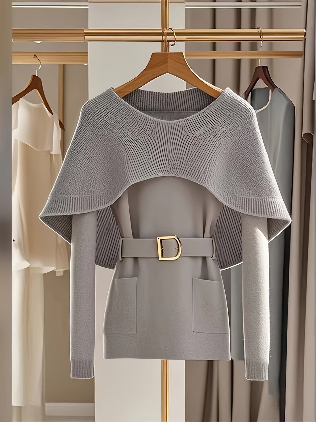 Grey knit cardigan with cape shawl and belt by SHOWLU FASHION, featuring a cozy, stylish design and textured fabric.