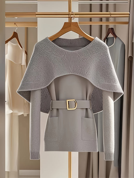 Elegant Grey Soft Polyester Crew Neck 1pc Knit Cardigan with Cape Shawl - Long Sleeve Sweater with Belt, Unique Design Solid Color Pullover for Spring/Summer/Fall - 2024 New Arrival