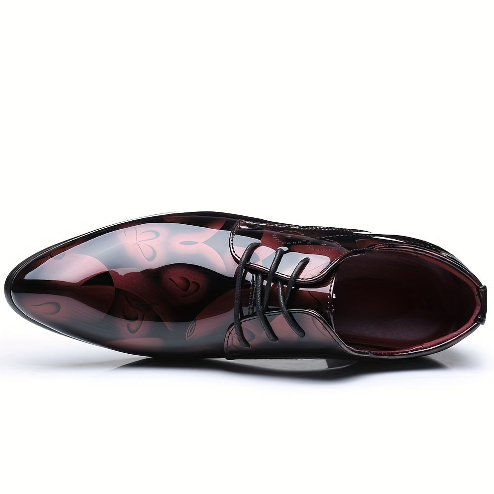 Men's SHOWLU flower print pointed toe PU leather dress shoes, stylish business footwear with floral design details.