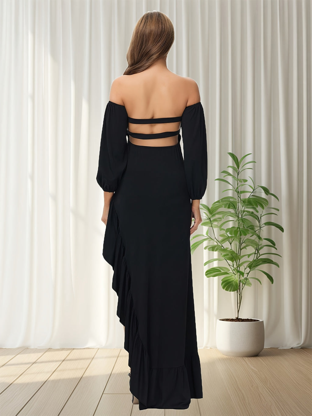 Showlu maternity off-shoulder lantern sleeve dress with asymmetrical hem, flowing fabric, and stylish design for expectant mothers.
