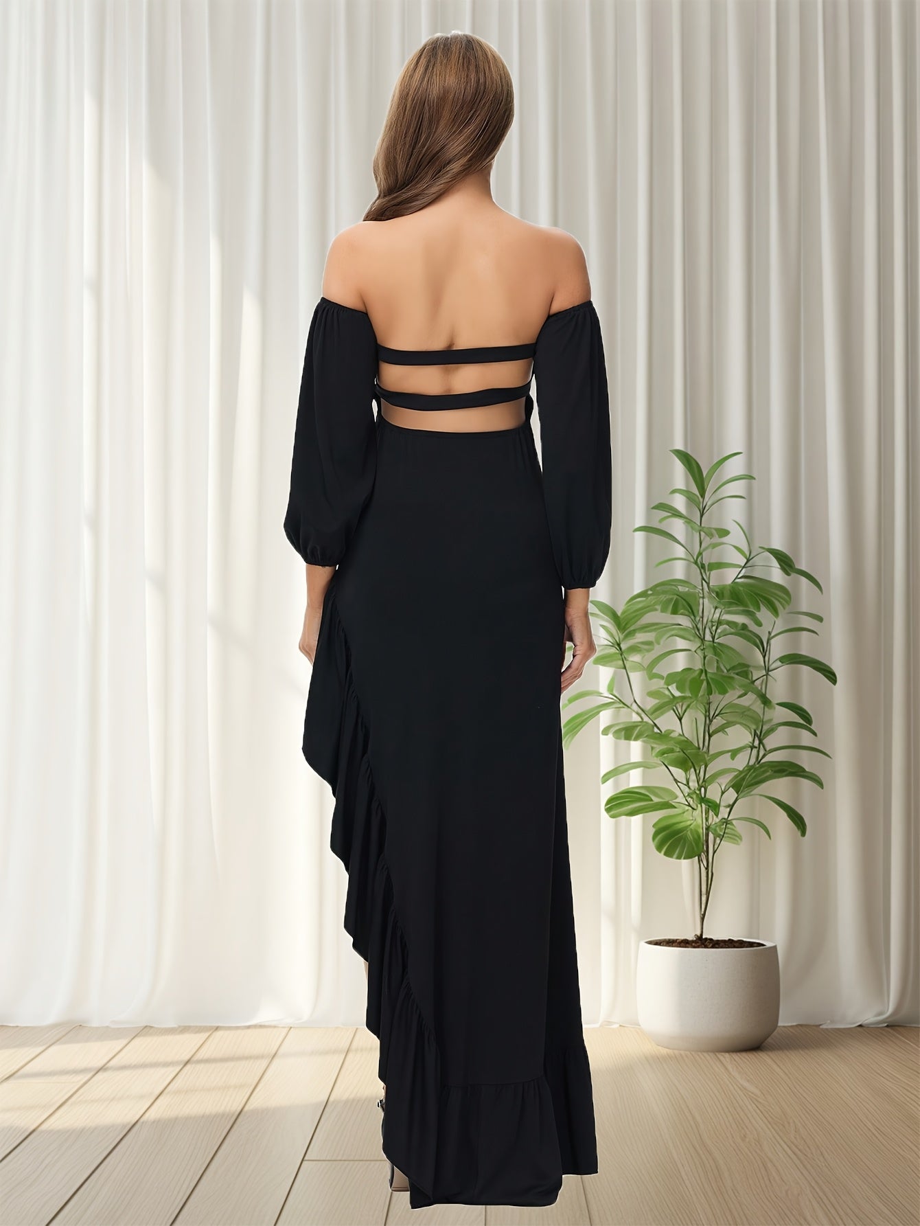 Showlu maternity off-shoulder lantern sleeve dress with asymmetrical hem, flowing fabric, and stylish design for expectant mothers.