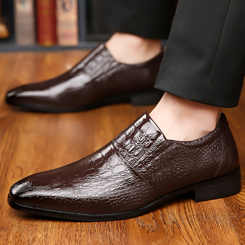 SHOWLU FASHION men's pointed-toe loafers in black crocodile texture, stylish dress shoes for formal and casual wear