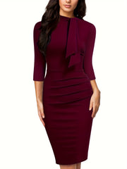 Stunning Three-Quarter Sleeve Sheath Dress - Elegant Tie-Neck Design, Draped Silhouette, Comfortable Wear for Spring & Summer - Women's Classic Clothing for Daily Life, Outdoor Events, and Work