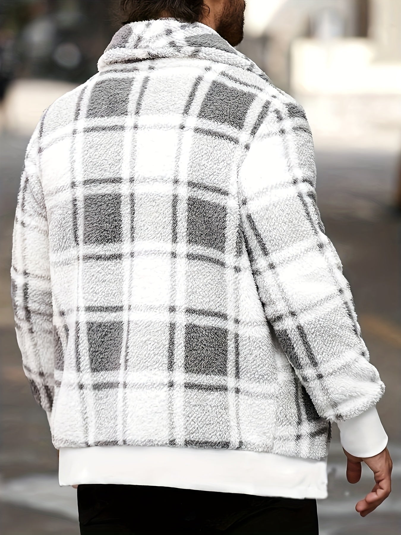 Men's black and yellow checkered plush fleece jacket from SHOWLU FASHION STORE, featuring soft thermal fabric and cozy design.
