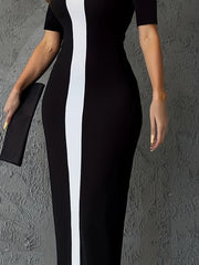 Elegant City-Style Two-Tone A-Line Dress with Short Sleeves and Side Slit - Rayon, Sleeveless, Bodycon Fit for Spring/Summer/Fall, Adult, Elegant Attire|Modern Fashion|Bodycon Dress