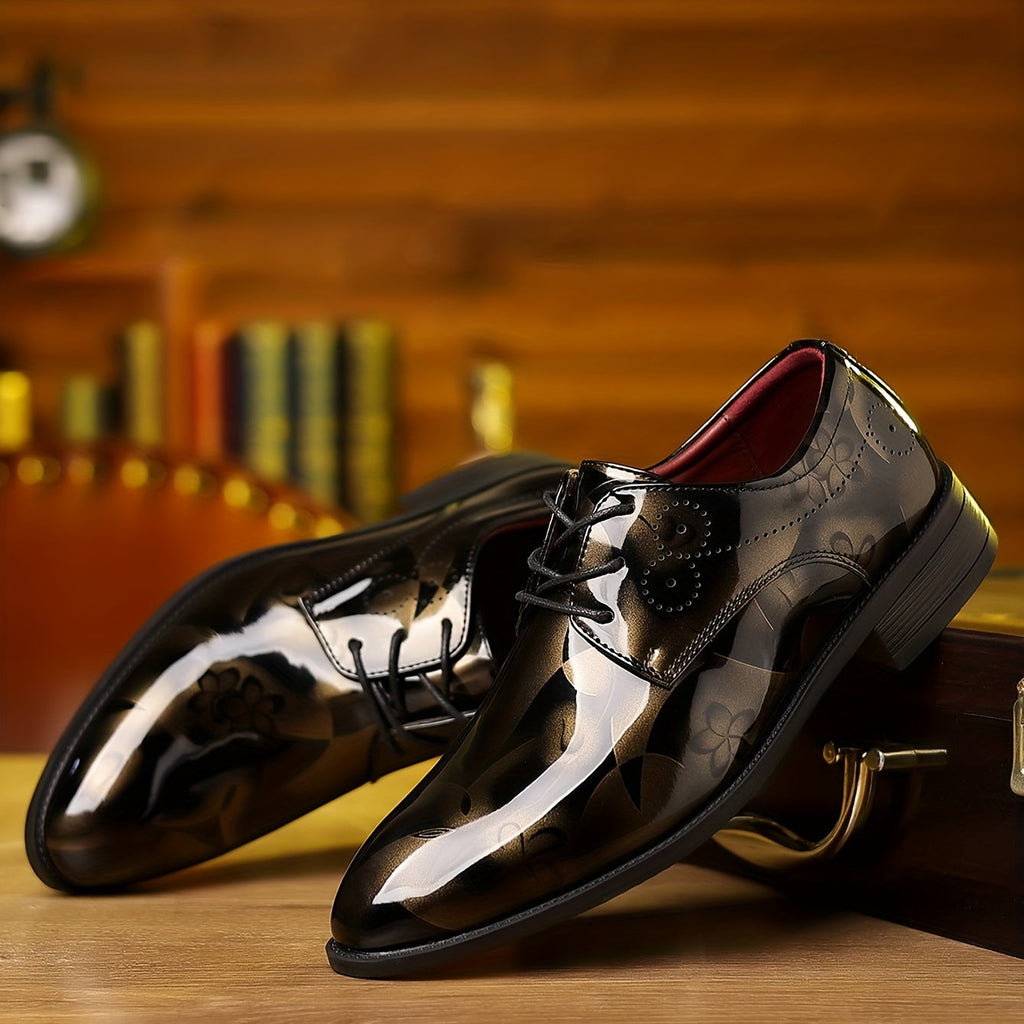 Black SHOWLU Men's Wingtip Oxford dress shoes in PU leather with lace-up design, stylish and formal for men's business attire.