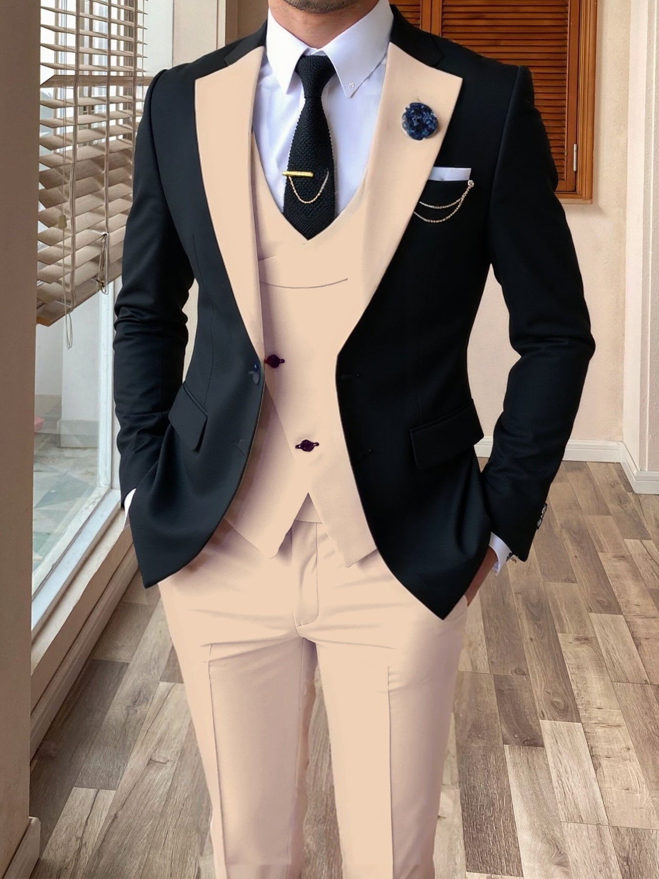 Showlu Fashion men's 3-piece color block slim fit tuxedo suit set with jacket, vest, and trousers, stylish formal wear.