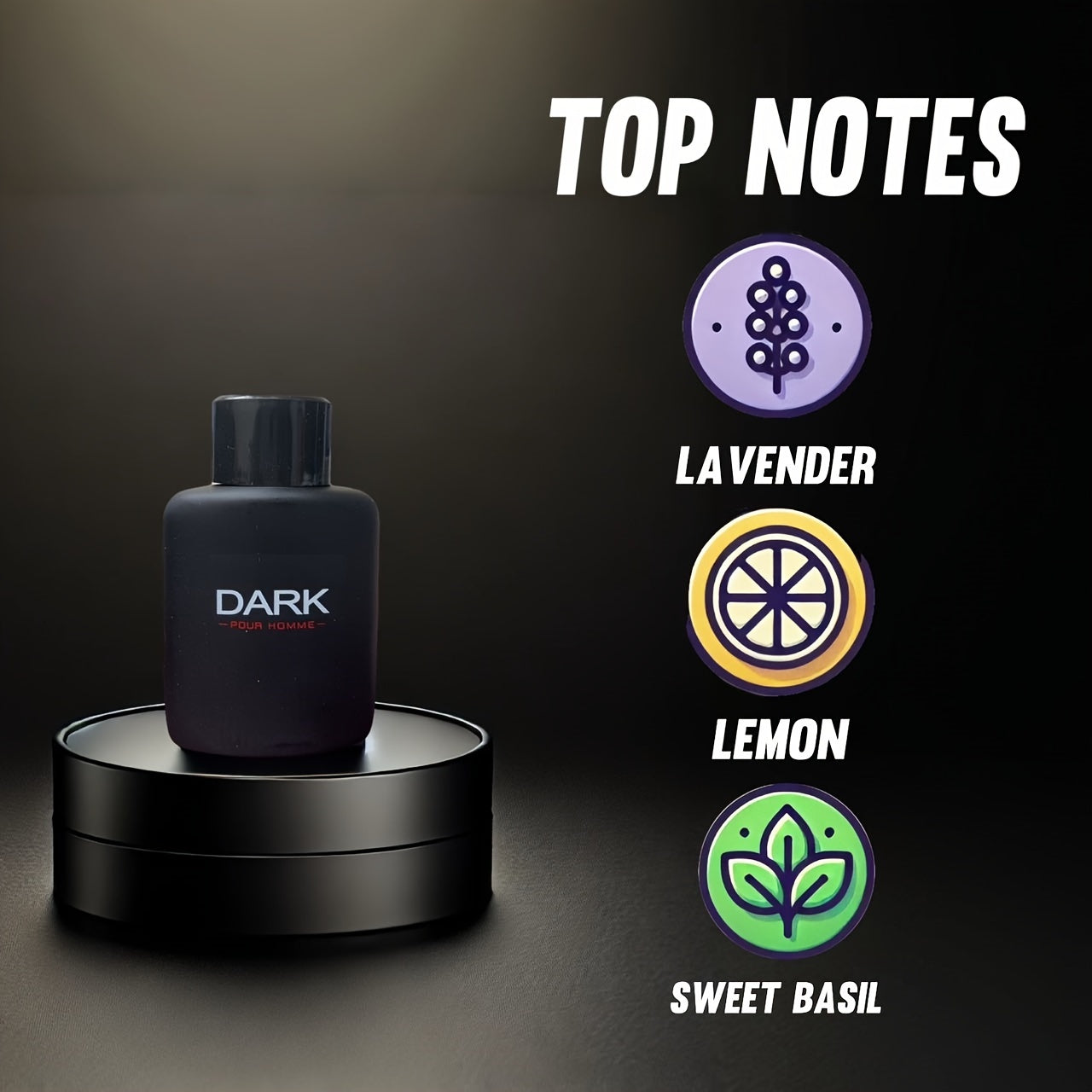 Dark Noir men's Eau de Parfum bottle with lavender and lemon scent, 3.4oz, featuring sleek dark packaging.