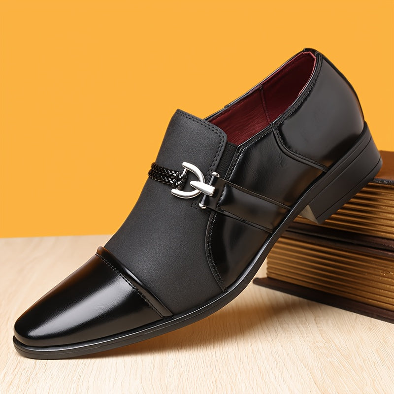 Men's pointed toe slip-on dress shoes in black PU leather, stylish business loafers with sleek design by Showlu Fashion.