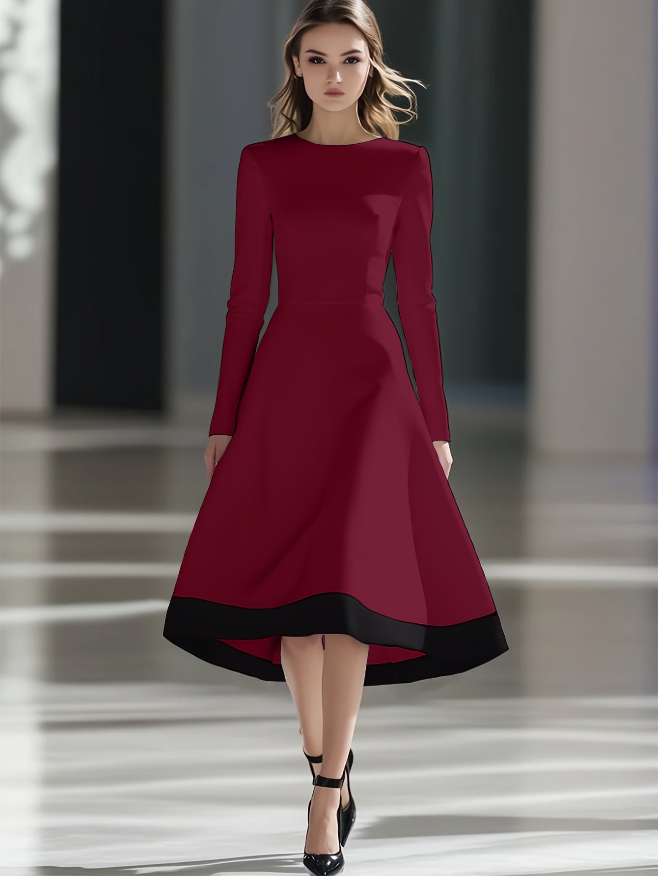 SHOWLU FASHION women's burgundy long sleeve midi A-line knit dress displayed on a hanger, showcasing its elegant design and fabric texture.