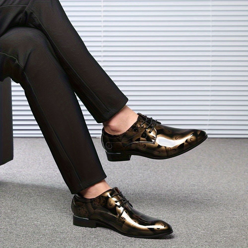 SHOWLU men's flower print pointed toe PU leather business dress shoes with floral design and sleek finish.