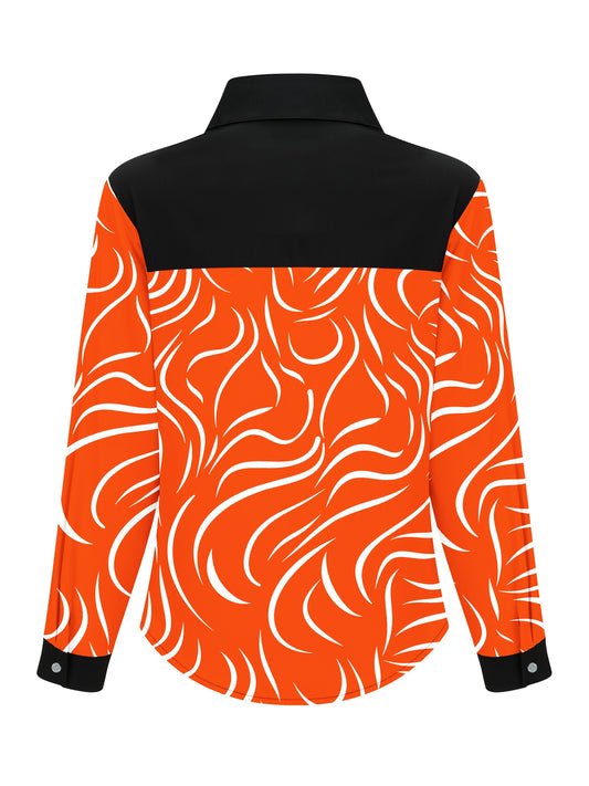 Women's Elegant Striped Button-Front Blouse - Orange & Black Contrast Design, Semi-Sheer Long Sleeve Shirt, Machine Washable All-Season Top for Casual & Formal Wear, Contrast Color Design, Structured Turndown Collar