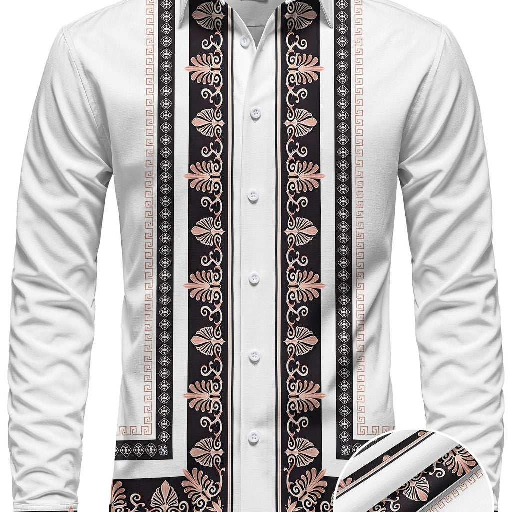 SHOWLU Men's long sleeve ethnic floral shirt in turquoise and gold, featuring traditional pattern and lightweight fabric.