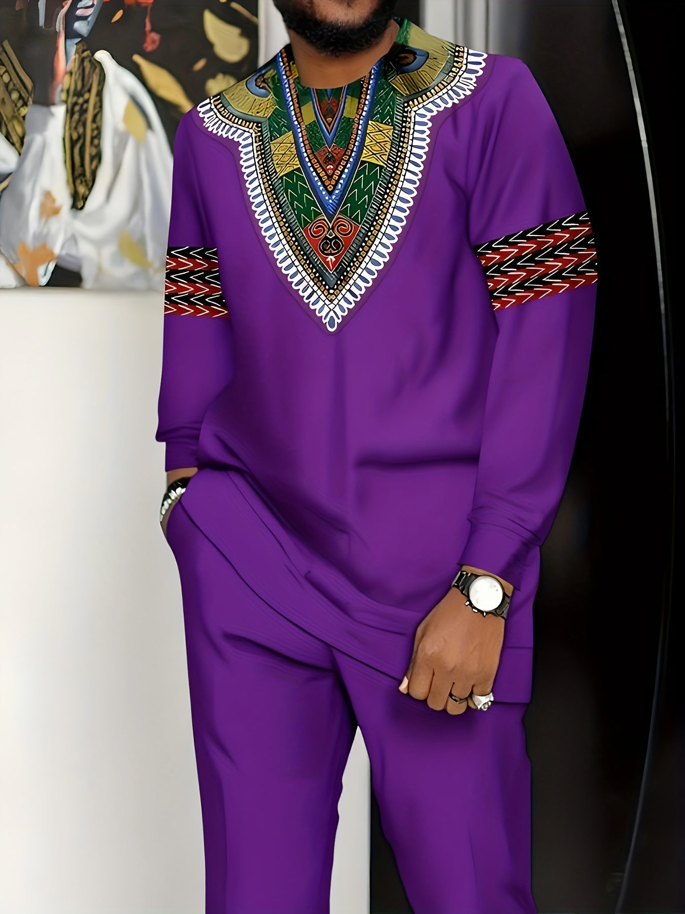 SHOWLU Men's African-inspired knit suit in white polyester, plus size set with intricate patterns and tailored fit.