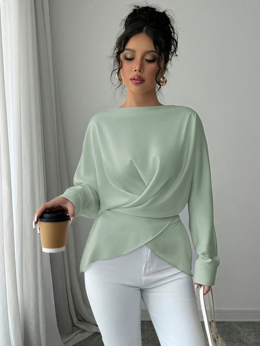 Women'S Elegant Off-Shoulder Long Sleeve Blouse with Front Cross Tie Waist - Soft Green, Ribbed Texture, Perfect for Fall & Winter, Stylish Layering Piece, Allseason Blouse | Offshoulder Top | Ribbed Texture Shirt