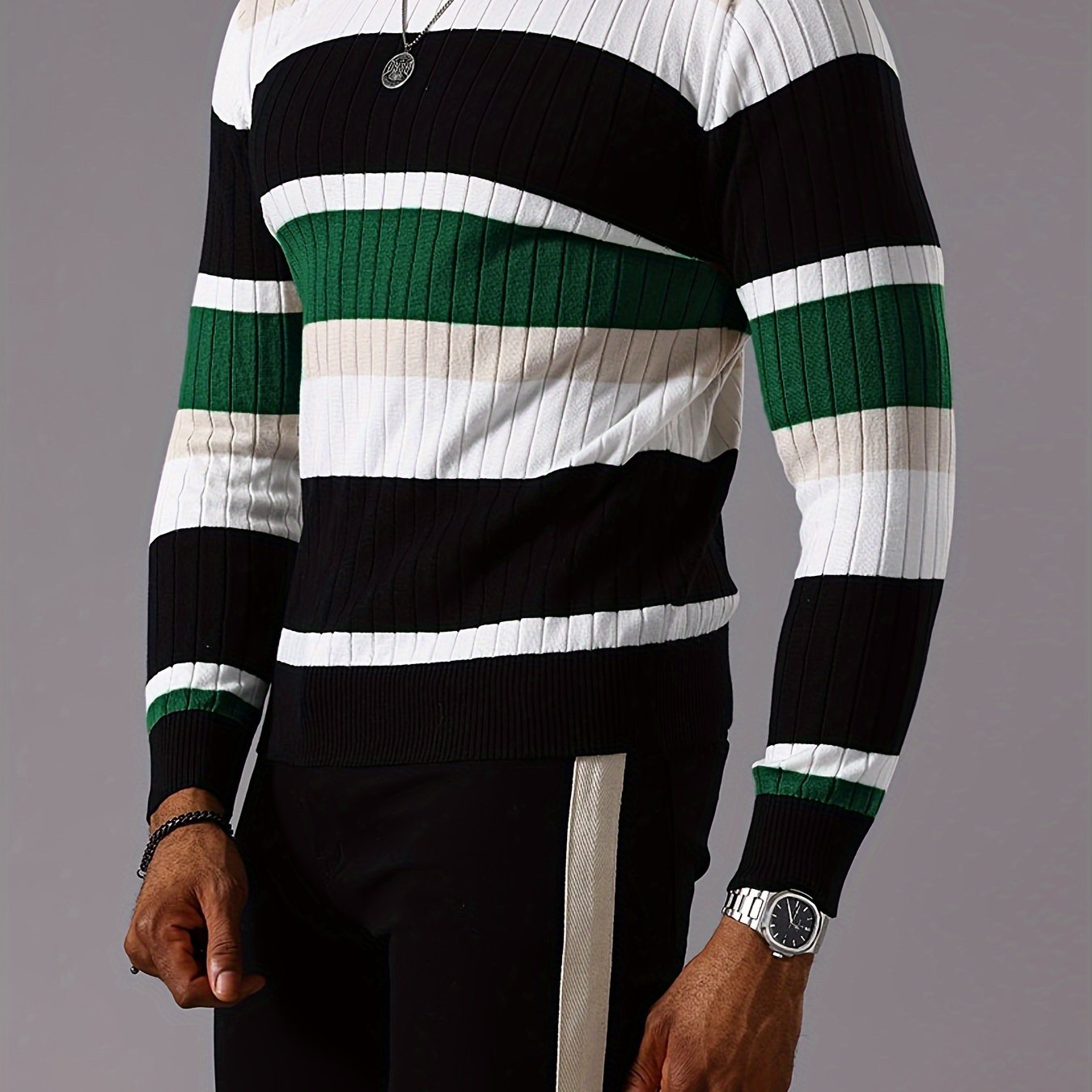Men's striped ribbed knit sweater by SHOWLU FASHION STORE, long sleeve crew neck pullover with a stylish, fitted design.