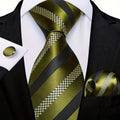 Men's green striped silk tie set with cufflinks and matching hanky, stylish accessories from SHOWLU FASHION STORE.