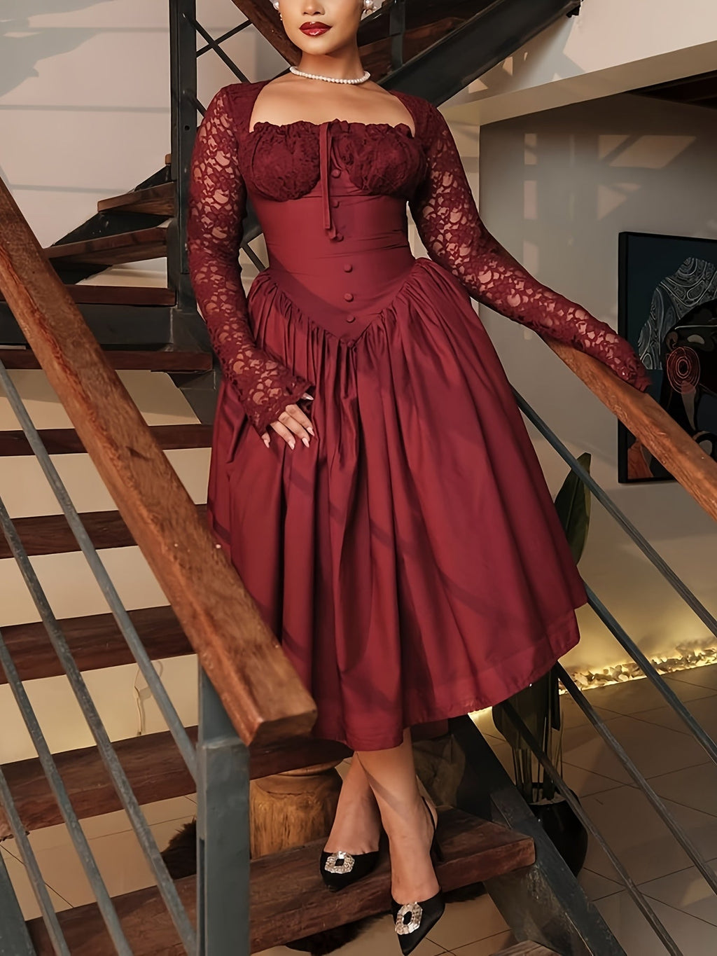 Showlu Fashion women's square neck lace stitching long sleeve party dress with elegant design and fitted silhouette.