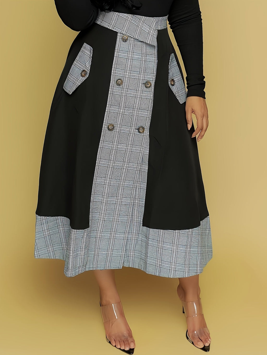 SHOWLU FASHION STORE plaid combo button skirt featuring elegant knit polyester fabric and a stylish design.