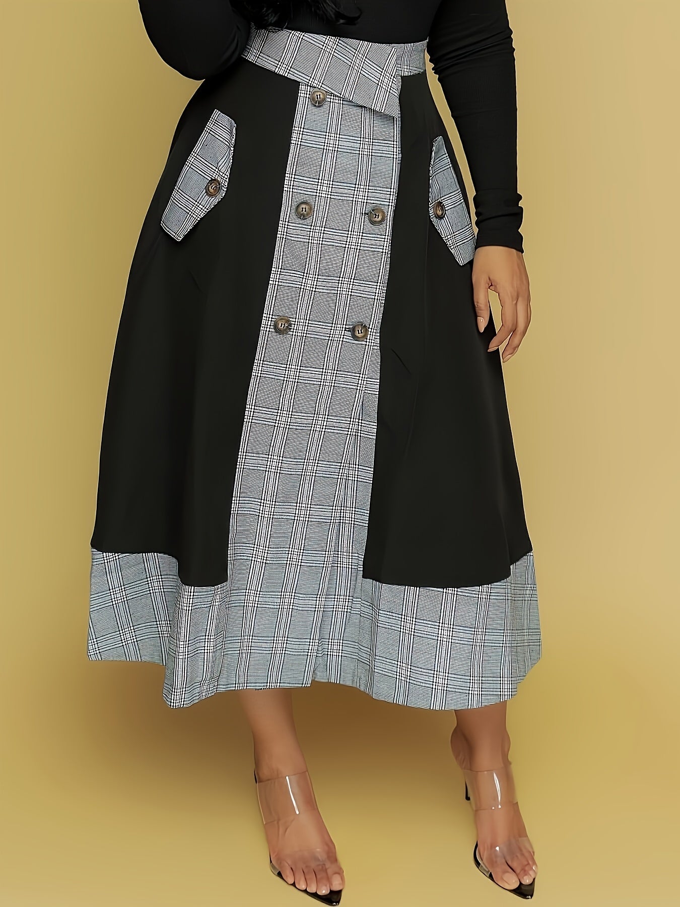 SHOWLU FASHION STORE plaid combo button skirt featuring elegant knit polyester fabric and a stylish design.