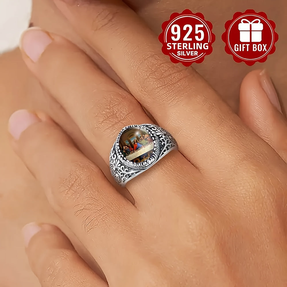Showlu Men's Last Supper engraved ring in 925 silver plated vintage band with detailed religious design.