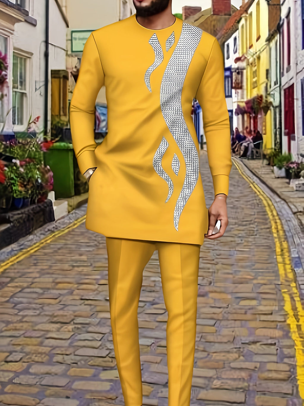 SHOWLU FASHION men's geometric embroidered polyester robe set, casual style with intricate embroidery details.